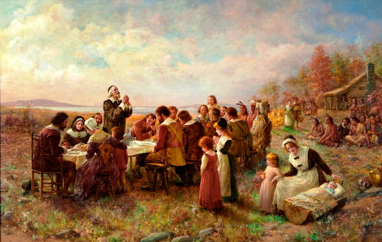 Den første høsttakkefesten i Plymouth, 1914. av Jennie Augusta Brownscombe