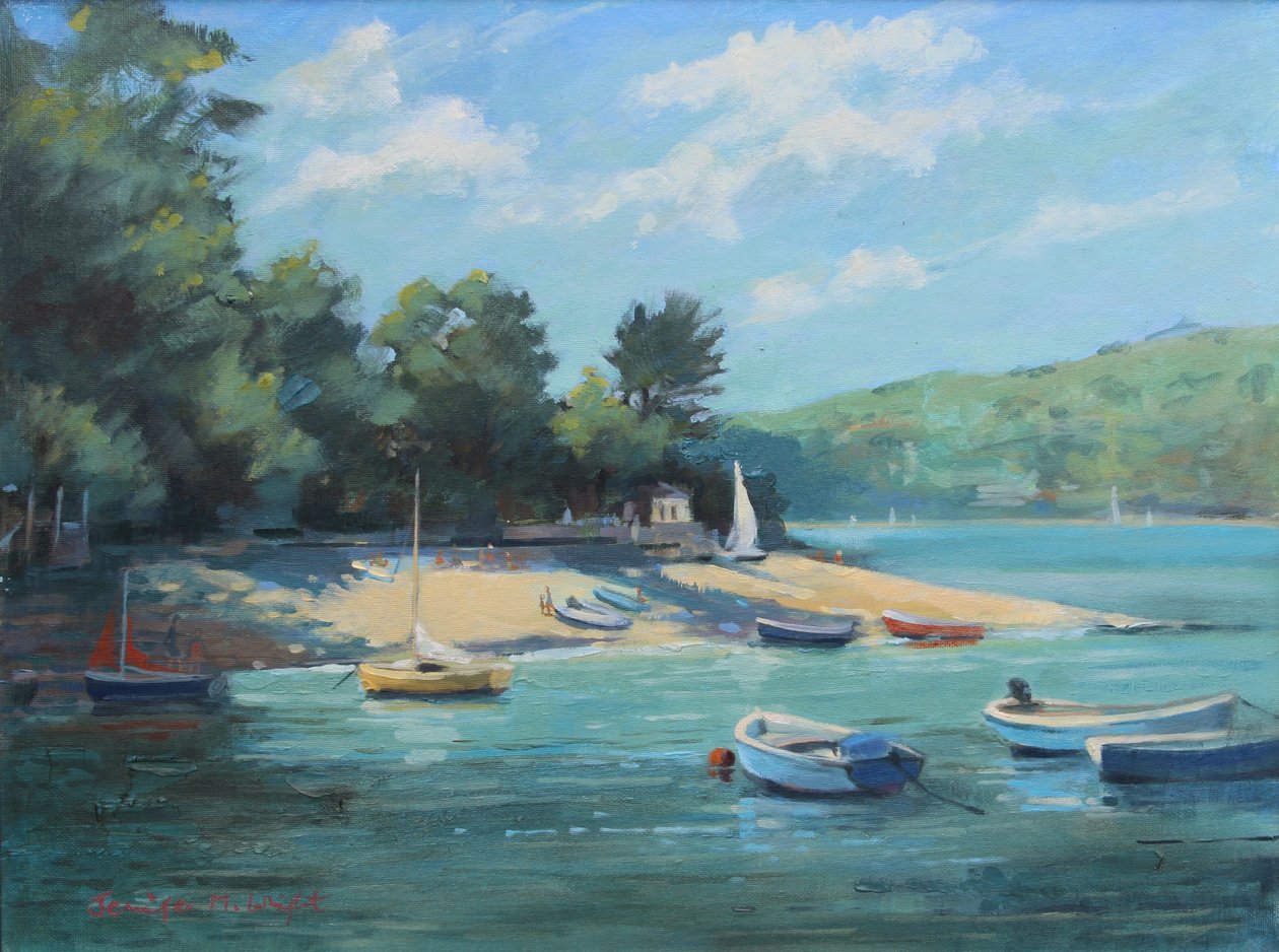Fishermans Cove Salcombe, olje om bord, 2016 av Jennifer Wright