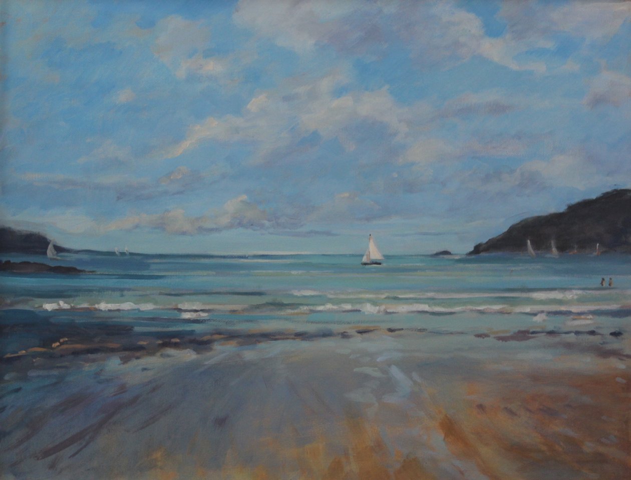 Northsands Salcombe, seiling. olje på lerret, 2016 av Jennifer Wright