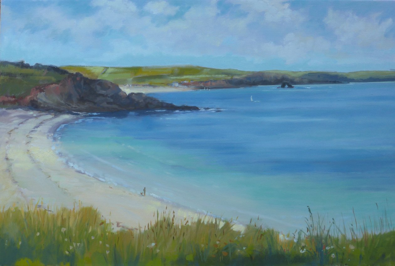 Thurlestone Beach, rolig sommerdag, 2016, olje. av Jennifer Wright