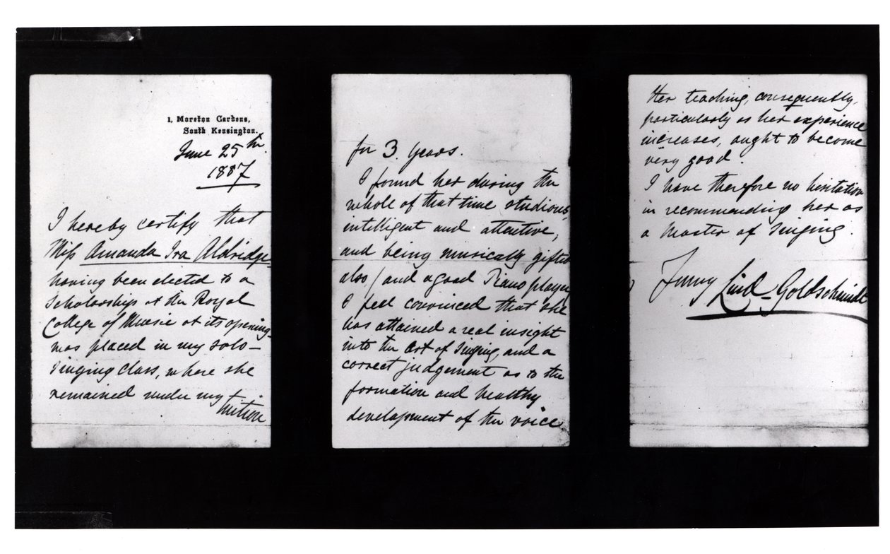 Signert brev, 1887 (penn og blekk på papir) (bw-foto) av Jenny Lind