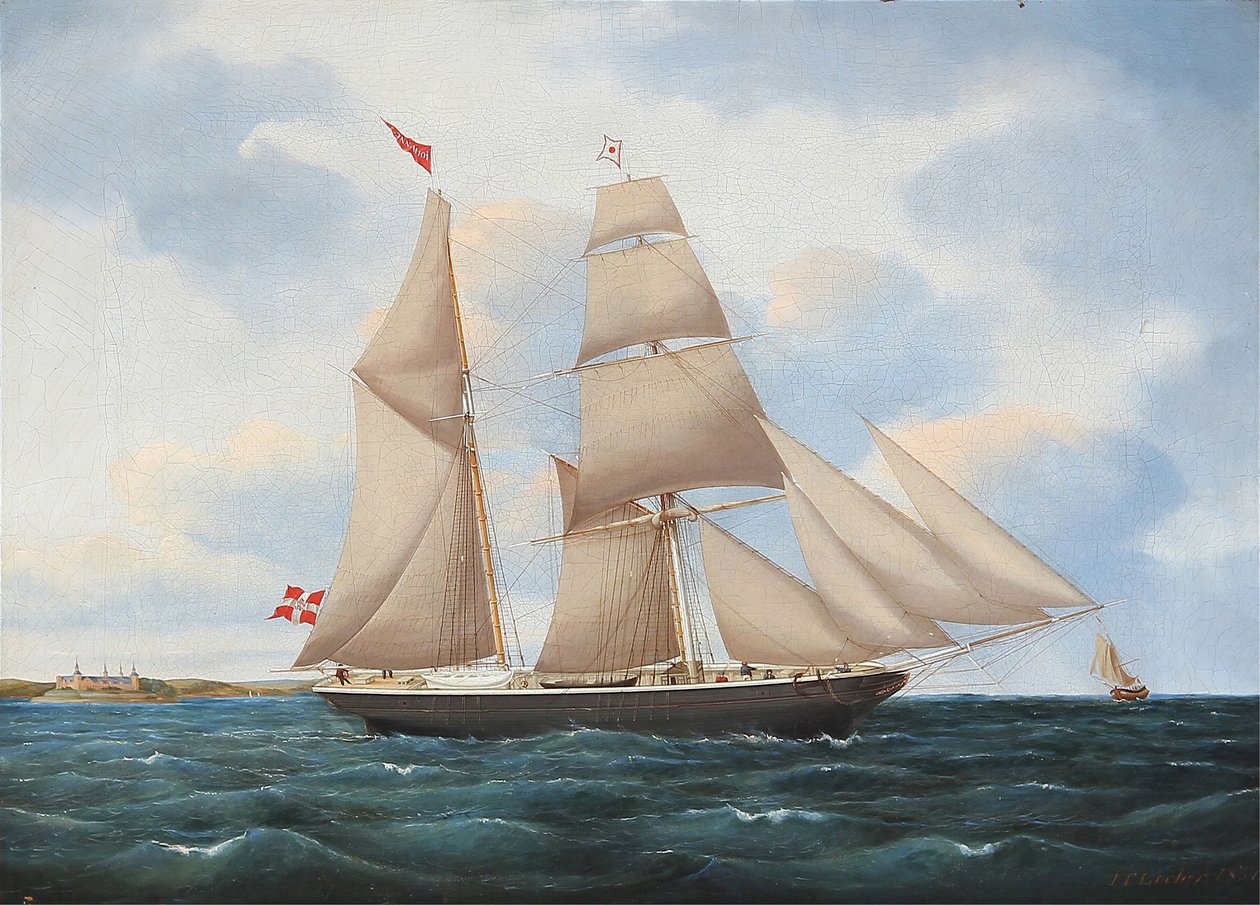 Seascape med et seilskip Johanne med Kronborg i bakgrunnen av Jens Thielsen Locher