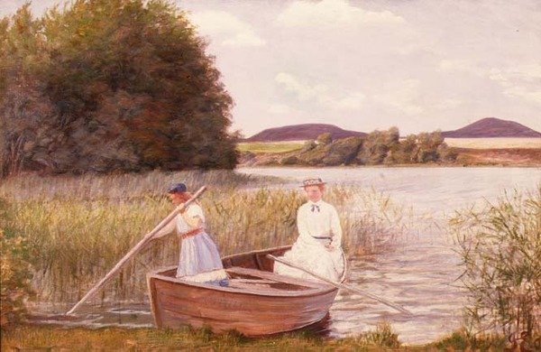 Kunstnerens kone og datter i en robåt av Jens Jensen Egebjerg