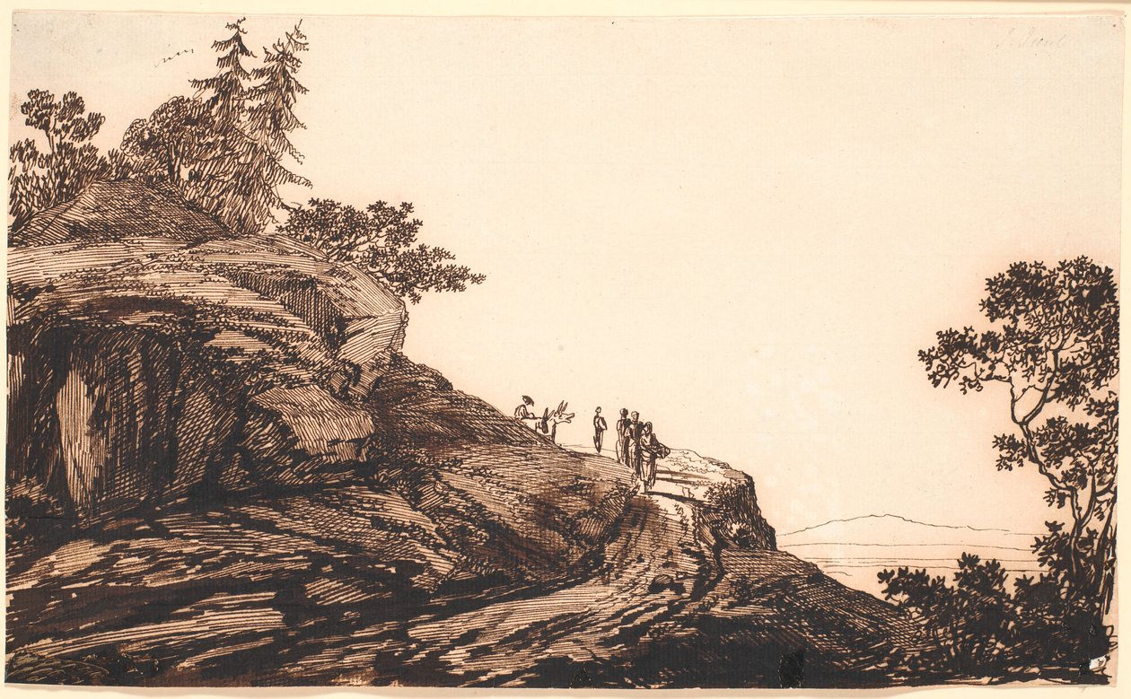 Fjelllandskap med mennesker og esler på en vei av Jens Juel