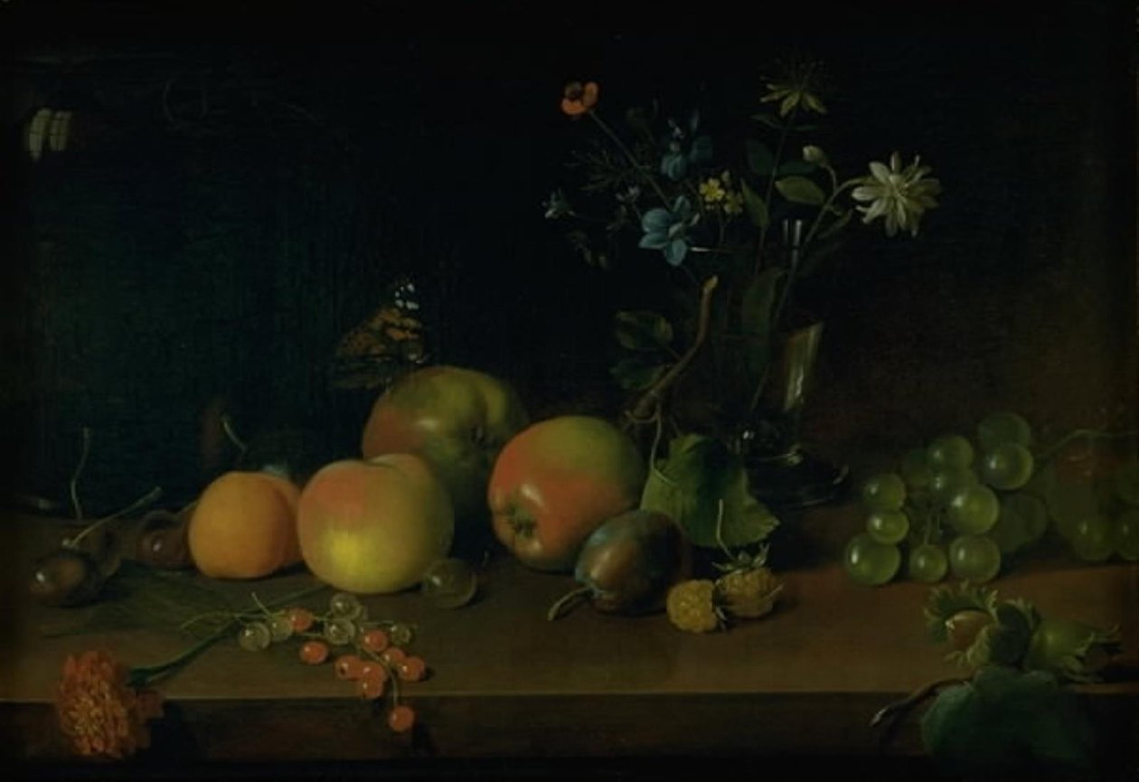 Blomster og frukt på et bord av Jens Juel