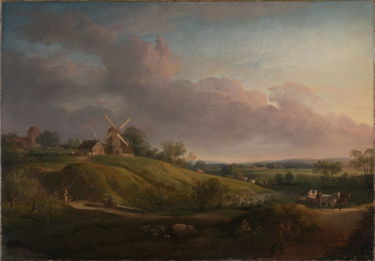 Landskap med en kirke og en mølle av Jens Juel
