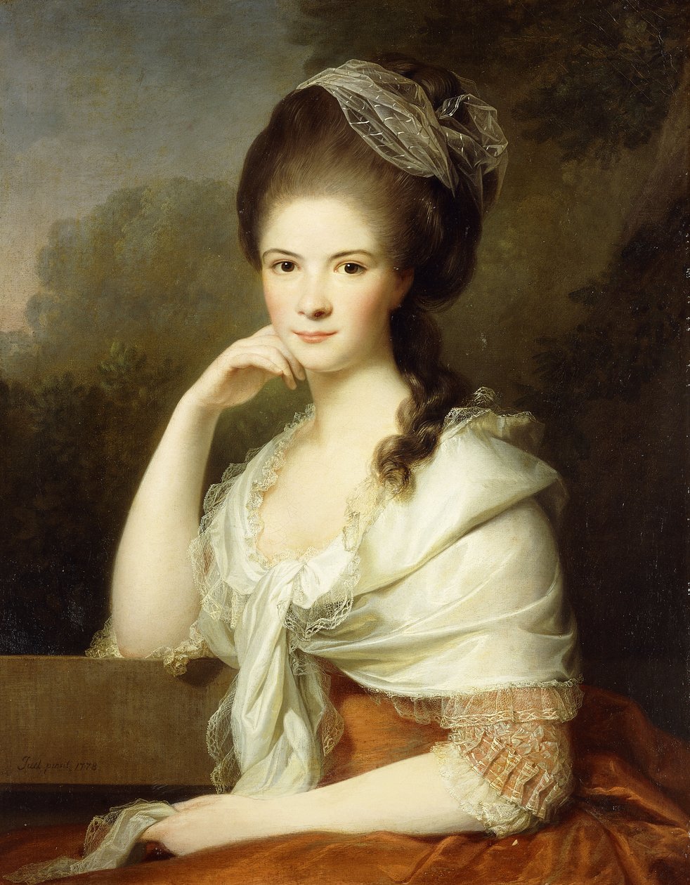 Portrett av en dame, sittende halvlangt, iført en brun kjole og et hvitt sjal, 1778 av Jens Juel