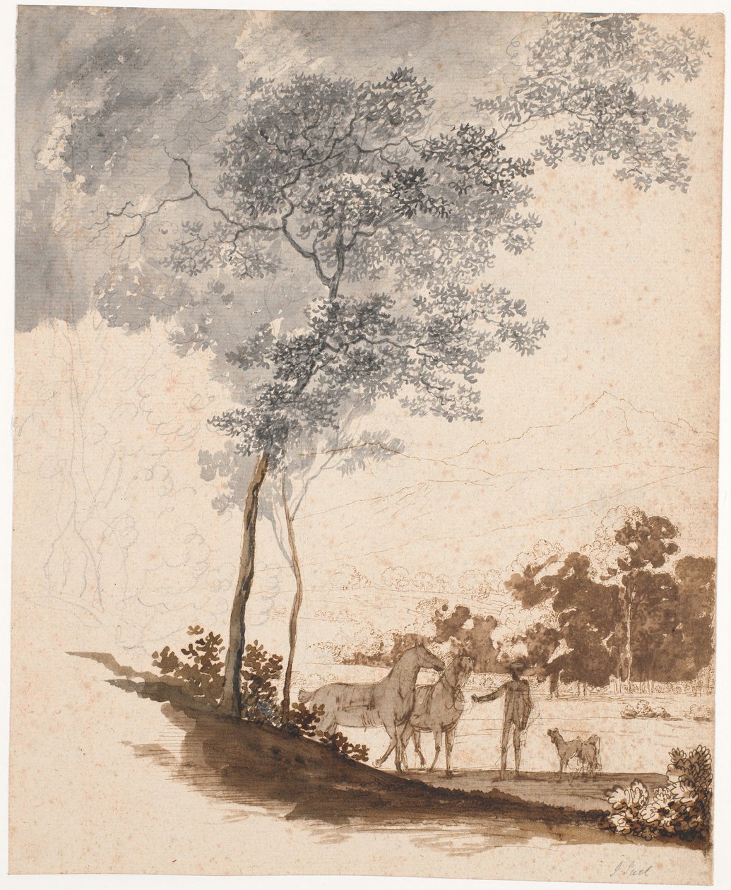 Sveitsisk landskap med en ridegutt som holder to hester og et par hunder; studie for portrettet av Jean-Armand Tronchin av Jens Juel