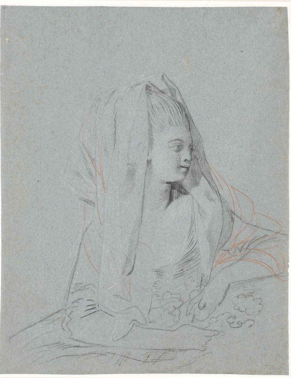 Studie av sittende ung dame med blomster i hendene og slør over hodet. av Jens Juel