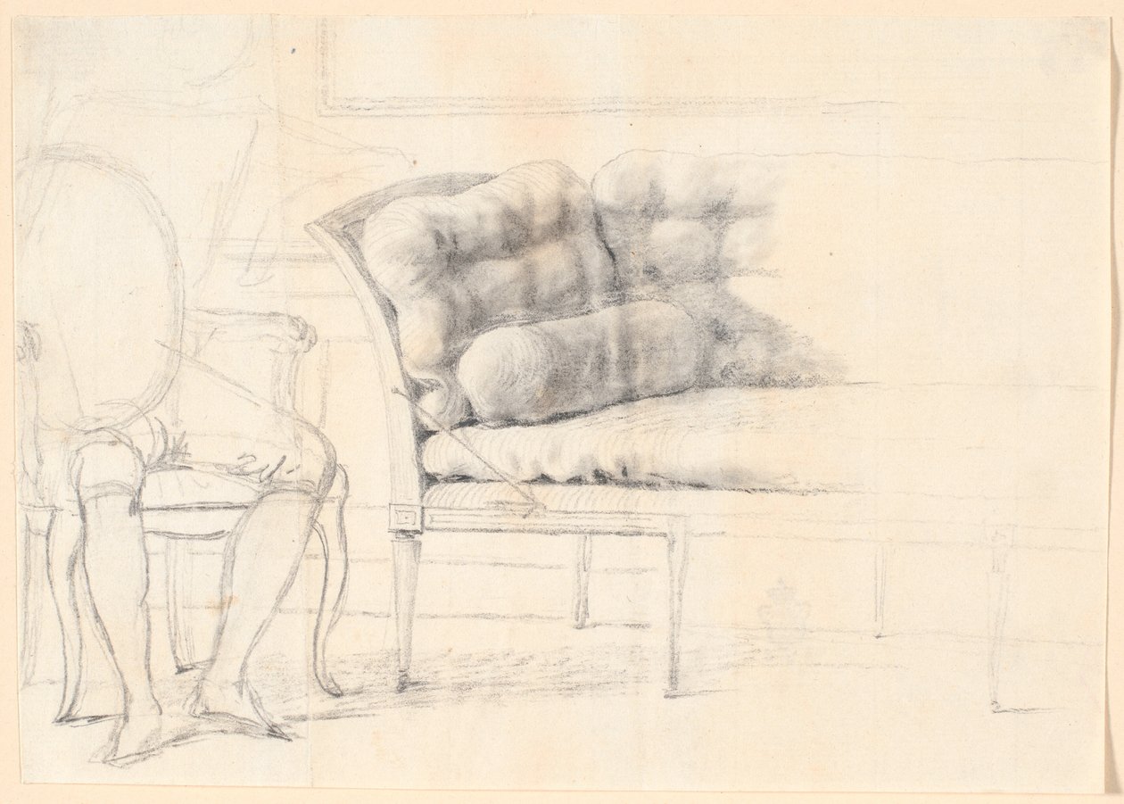 Studie til Holmskiold-familieportrettet fra 1787: den polstrede sofaen, og til venstre en stol med Holmskiolds figur skissert av Jens Juel