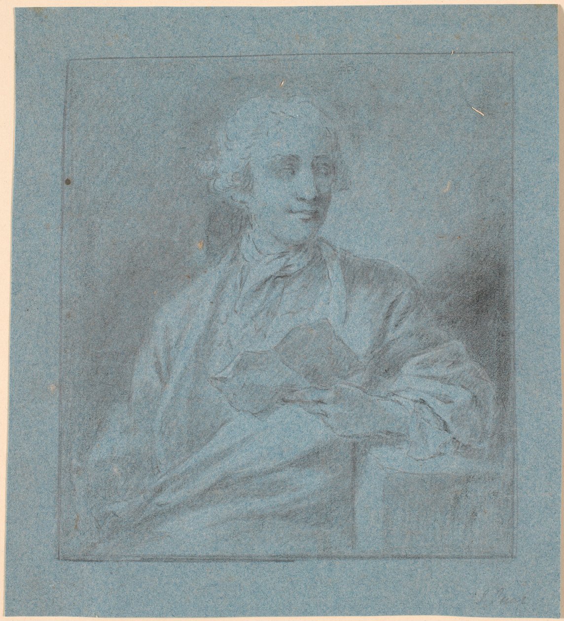 Studer for et portrett av en sittende ung mann med et stykke papir i hånden. Halvfigur i ansiktet av Jens Juel