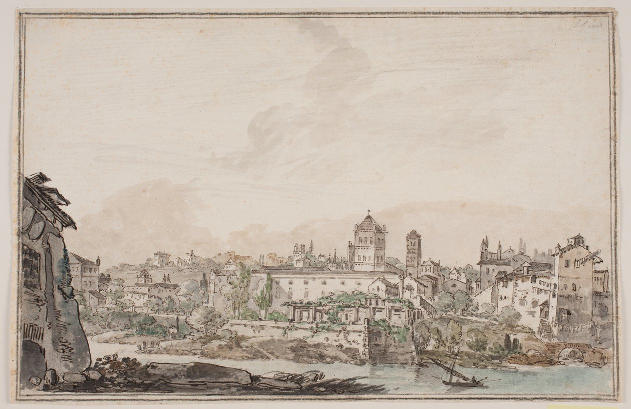 Byprospekt med hus og kirke ved elven. Antikkens Roma av Jens Petersen Lund
