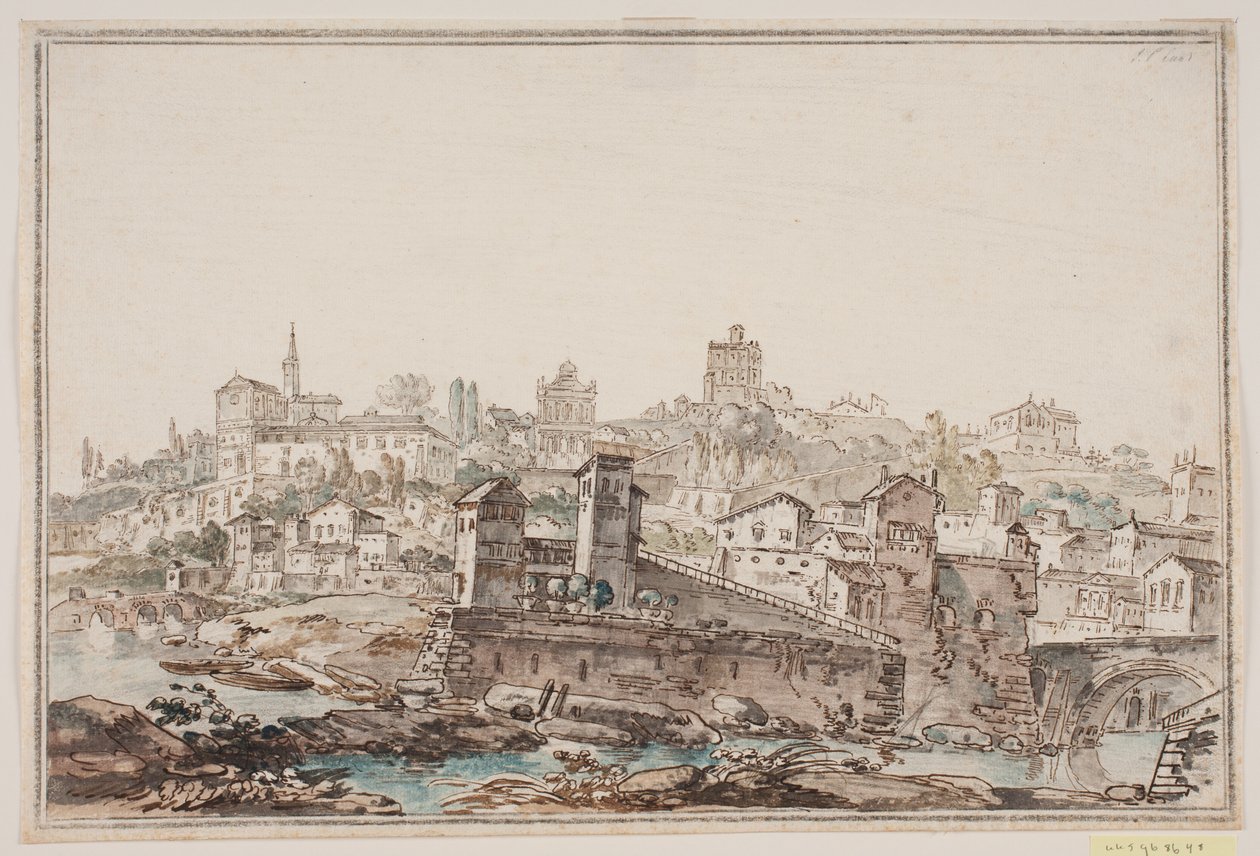 Byprospekt med hus og kirke ved elven. Antikkens Roma av Jens Petersen Lund