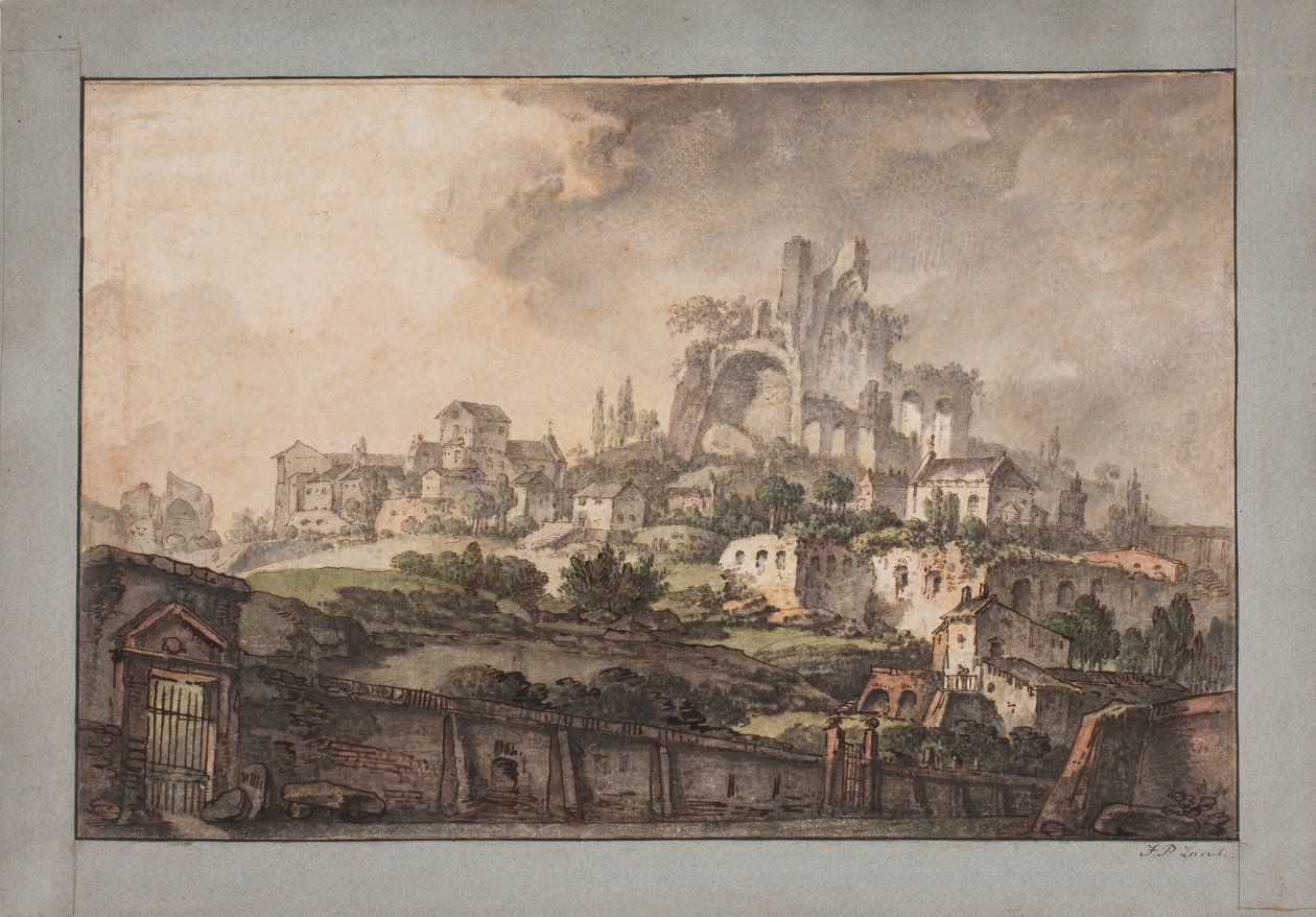 Romersk prospekt med mur i forgrunnen, kirke og ruin i bakgrunnen av Jens Petersen Lund