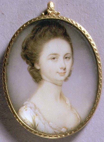 Portrett miniatyr av en dame i en hvit kjole, ca. 1780-85 (akvarell på elfenben) av Jeremiah Meyer