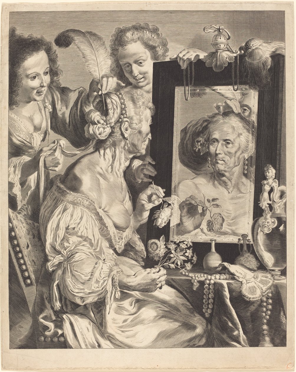 En gammel kvinne ved toalettbordet av Jeremias Falck after Johann Liss after Bernardo Strozzi