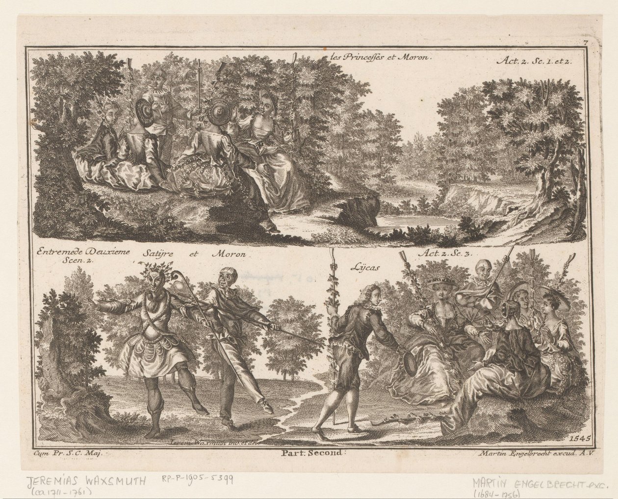 To teaterscener med figurer i et skogkledd landskap Les Princesses et Moron (tittel på objekt) av Jeremias Wachsmuth