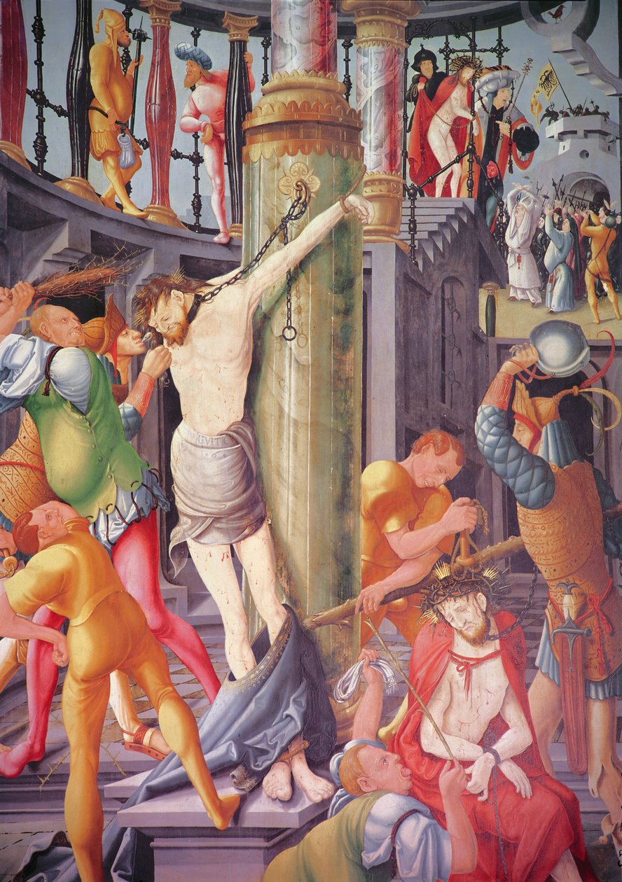 The Mocking of Christ, fra Herrenberg-altertavlen, 1521 av Jerg Ratgeb