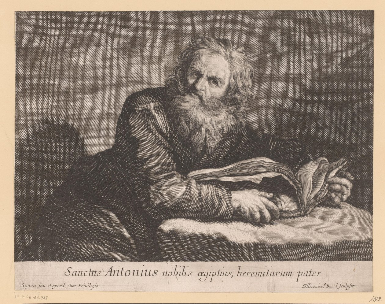 H. Antonius met een boek Saint Anthony, den adelige av Egypt, far til eremittene (tittel på objekt) av Jerôme David