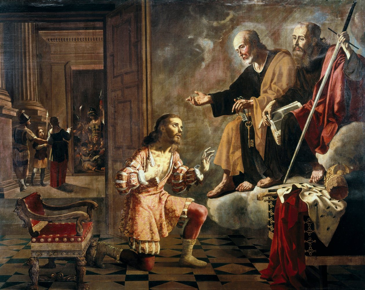 Da apostlene Saint Peter og Saint Paul viste seg for den romerske keiseren Konstantin I den store (272-337), den første keiseren som konverterte til kristendommen av Jeronimo Jacinto Espinosa
