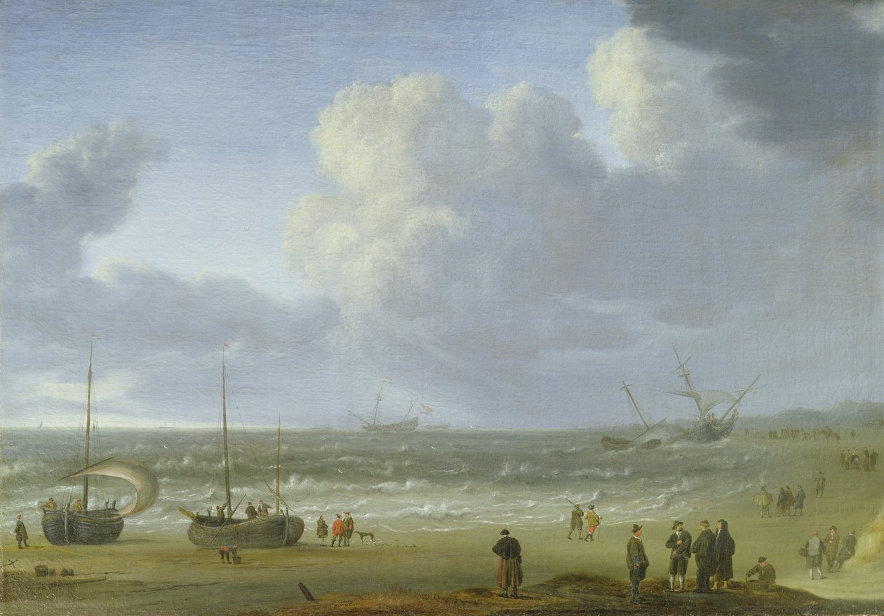 Skip i en elvemunning med fiskere ved en brygge av Jeronimus van Diest