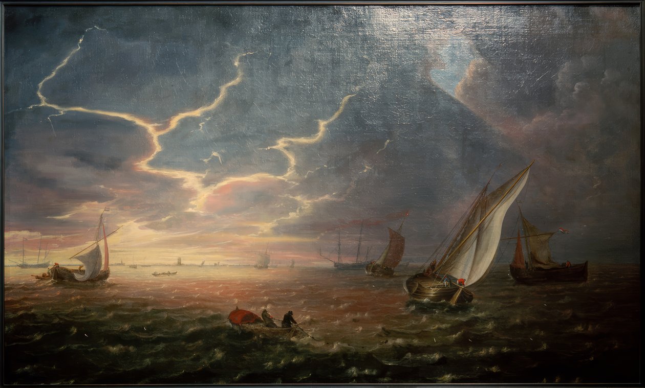 Seilskuter i grov sjø ved solnedgang av Jeronimus van Diest