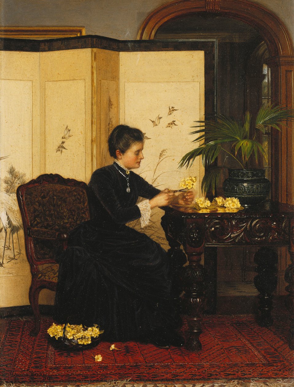 Dame som lager poser fra Primroses av Jessica Hayllar