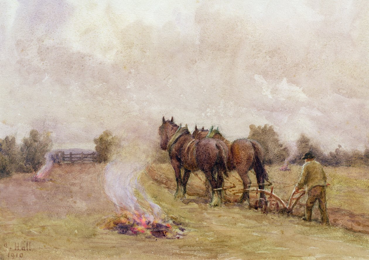 Pløyescene med branner i en åker, 1910 av Jessie Hall