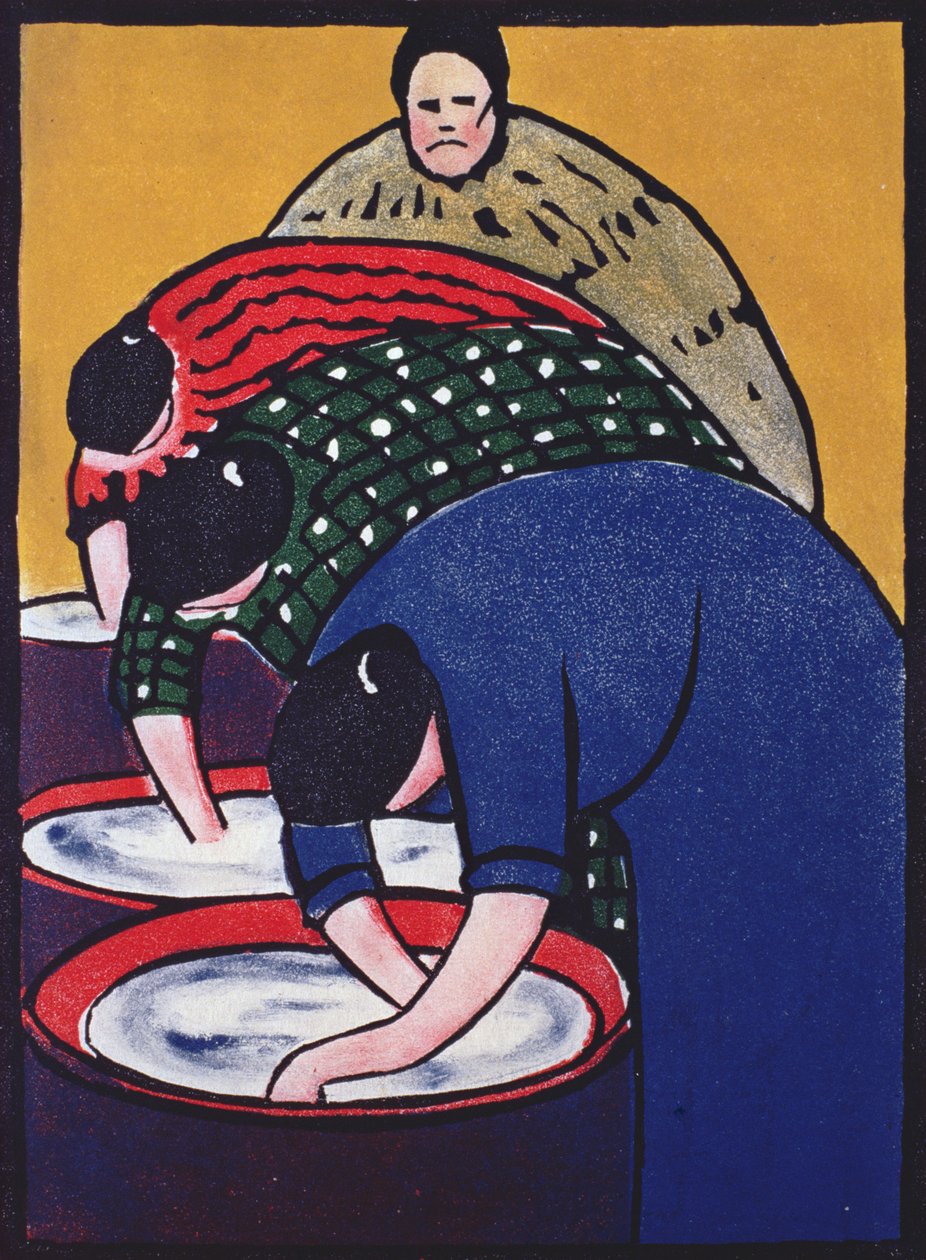 Vaskekvinnenes tilsynsmann (linosnitt) av Jessie Mackintosh