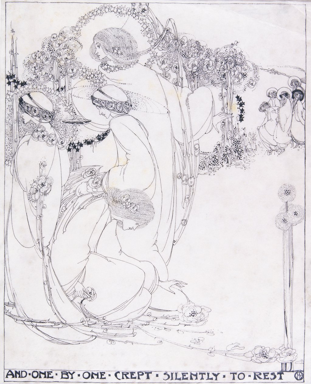 And One by One Crept Silently to Rest, ca. 1902-3 (penn og svart blekk på vellum) av Jessie Marion King