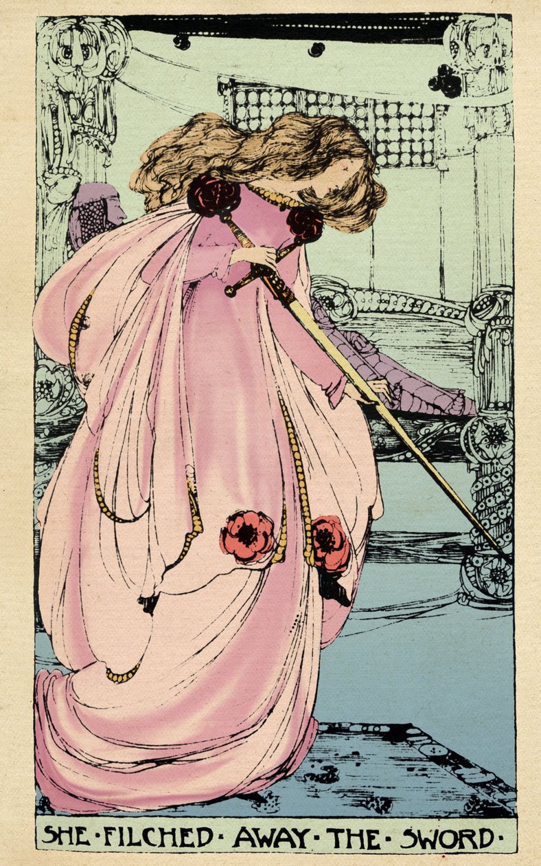Fairy Morgane stjeler Excalibur for at elskeren hans skal bruke den mot kong Arthur. Illustrasjon av Jessie Marion King (1875-1949) for boken "" The High History of the Holy Grail av Perceval the Welsh, ridder av det runde bordet" av Sebasti av Jessie Marion King