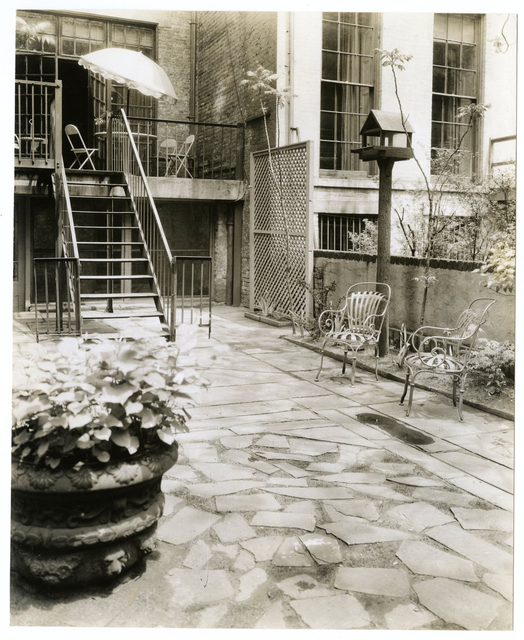 bakgårdsterrasse med fuglehus, New York, USA, ca. 1905-40 (foto av gelatinsølv) av Jessie Tarbox Beals