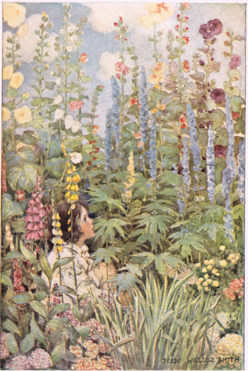 Et barn i ville blomster, fra 'A Child's Garden of Verses' av Robert Louis Stevenson, utgitt 1885 (farge litho) av Jessie Willcox Smith