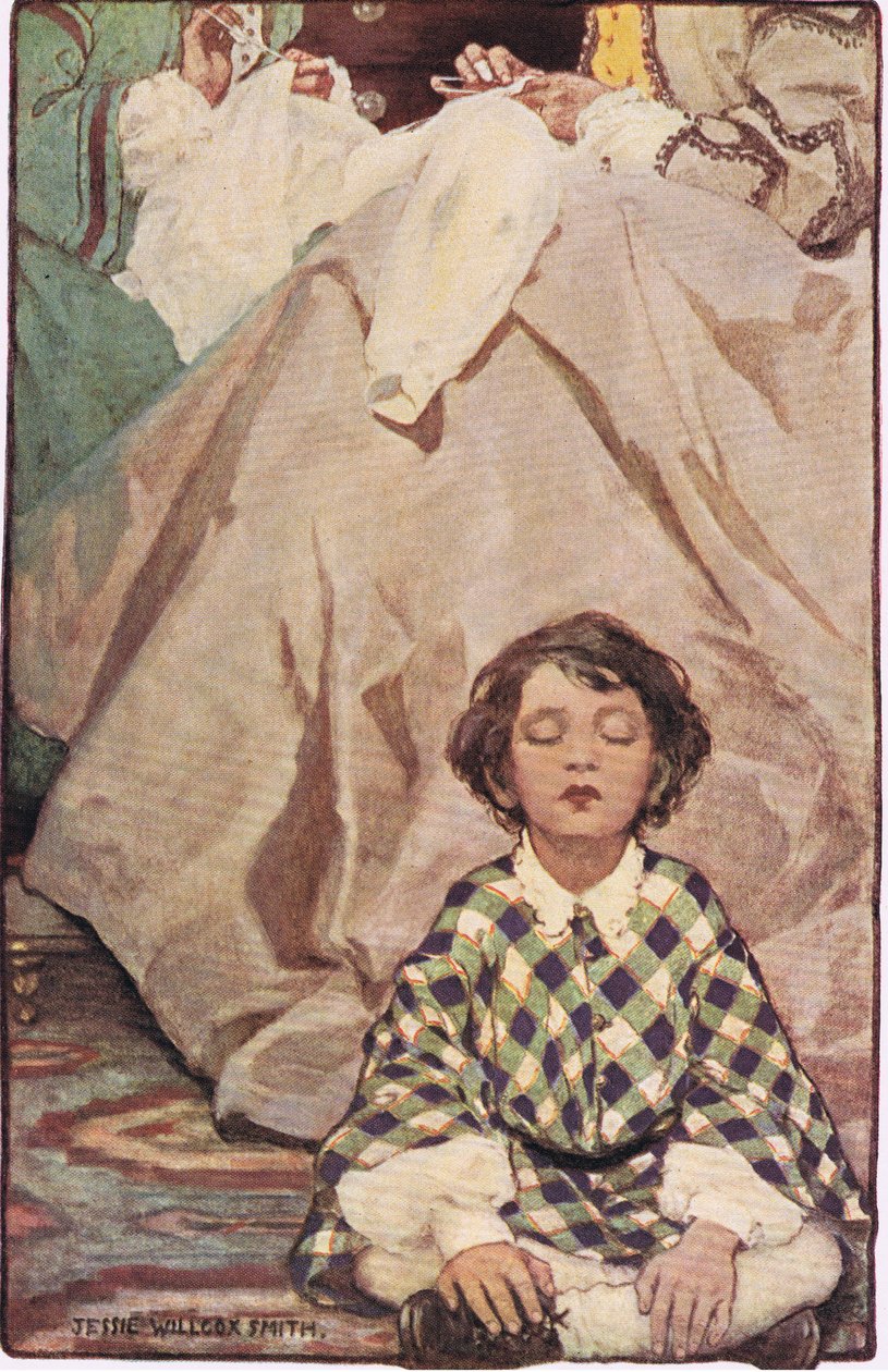 Et barn sittende med kvinner som syr, fra 'A Child's Garden of Verses' av Robert Louis Stevenson, utgitt 1885 (farge litho) av Jessie Willcox Smith
