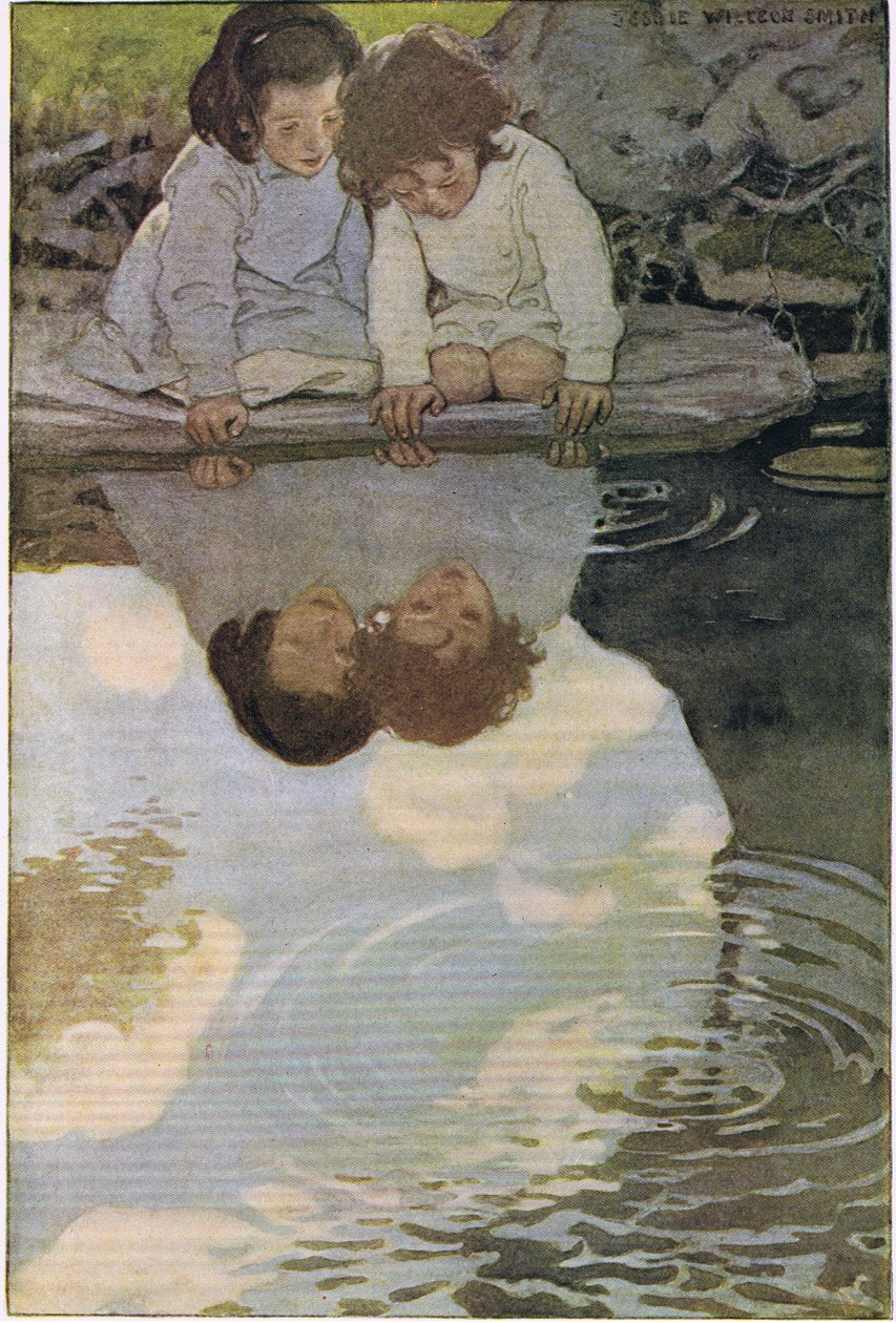 Barn som ser på refleksjonene sine, fra 'A Child's Garden of Verses' av Robert Louis Stevenson, utgitt 1885 (farge litho) av Jessie Willcox Smith