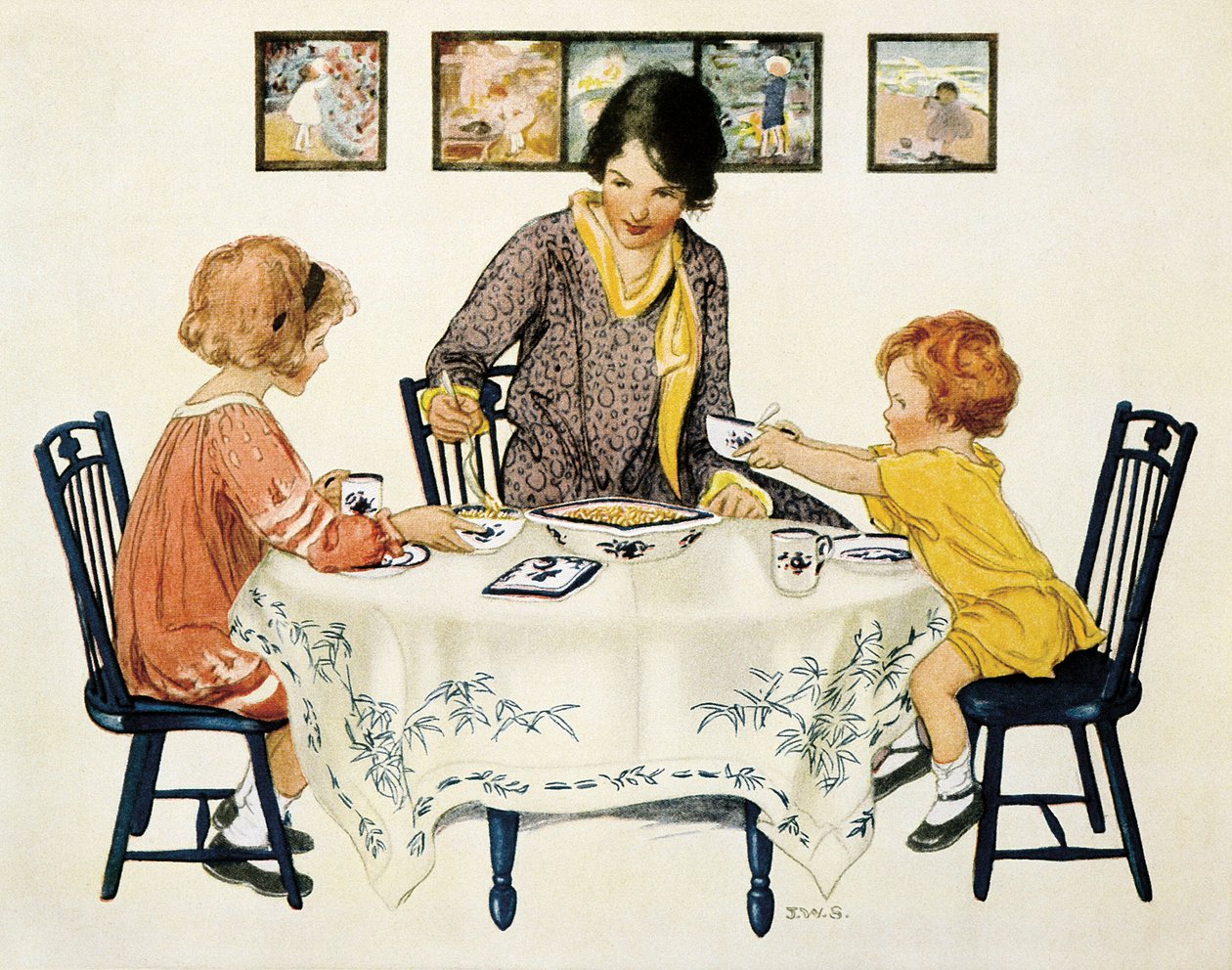 Familie (mor og barn) samlet seg rundt et bord og spiste pasta av Jessie Willcox Smith