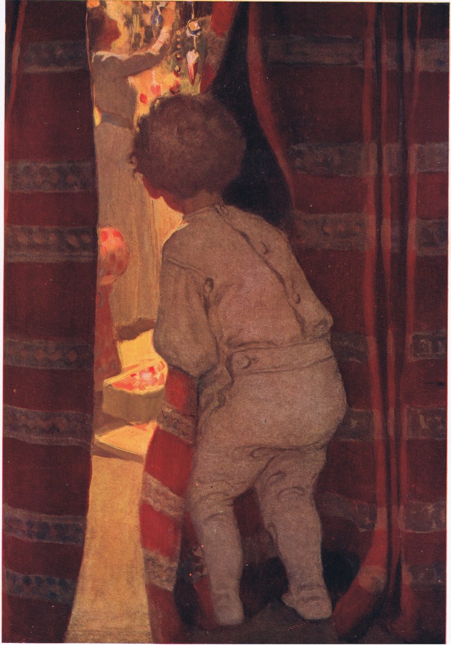 Han krøp ned for å ta en titt i stuen (farge litho) av Jessie Willcox Smith