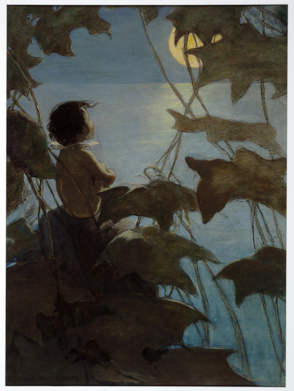 Han så opp på den brede gule månen og tenkte at hun så på ham, fra The Water Babies av Charles Kingsley, pub. 1916 (farge litho) av Jessie Willcox Smith