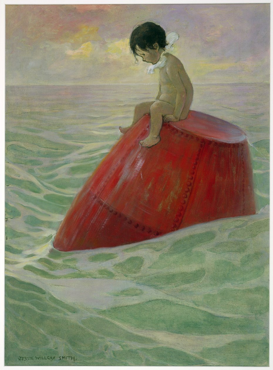 Tom satt på bøyen lange dager, fra The Water Babies av Charles Kingsley, pub. 1916 (farge litho) av Jessie Willcox Smith