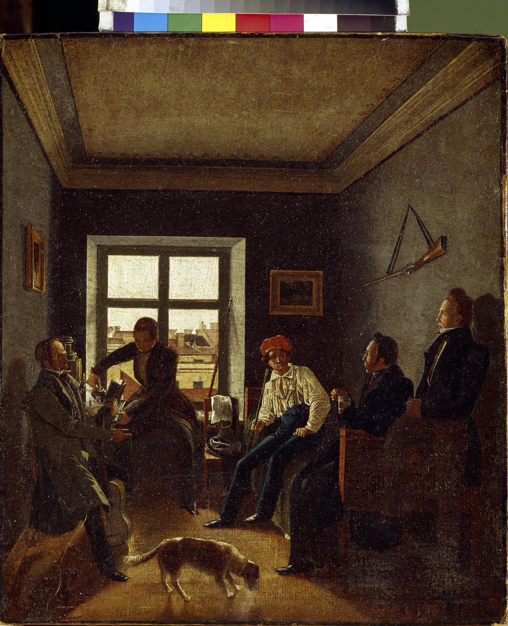 Klokken syv om kvelden (litterær kveld). Maleri av Evgraf Fyodorovich Krendovski (1810-etter 1853), olje på lerret, ca. 1820. Russisk kunst av Jevgraf Fiodorovitch Krendovsky