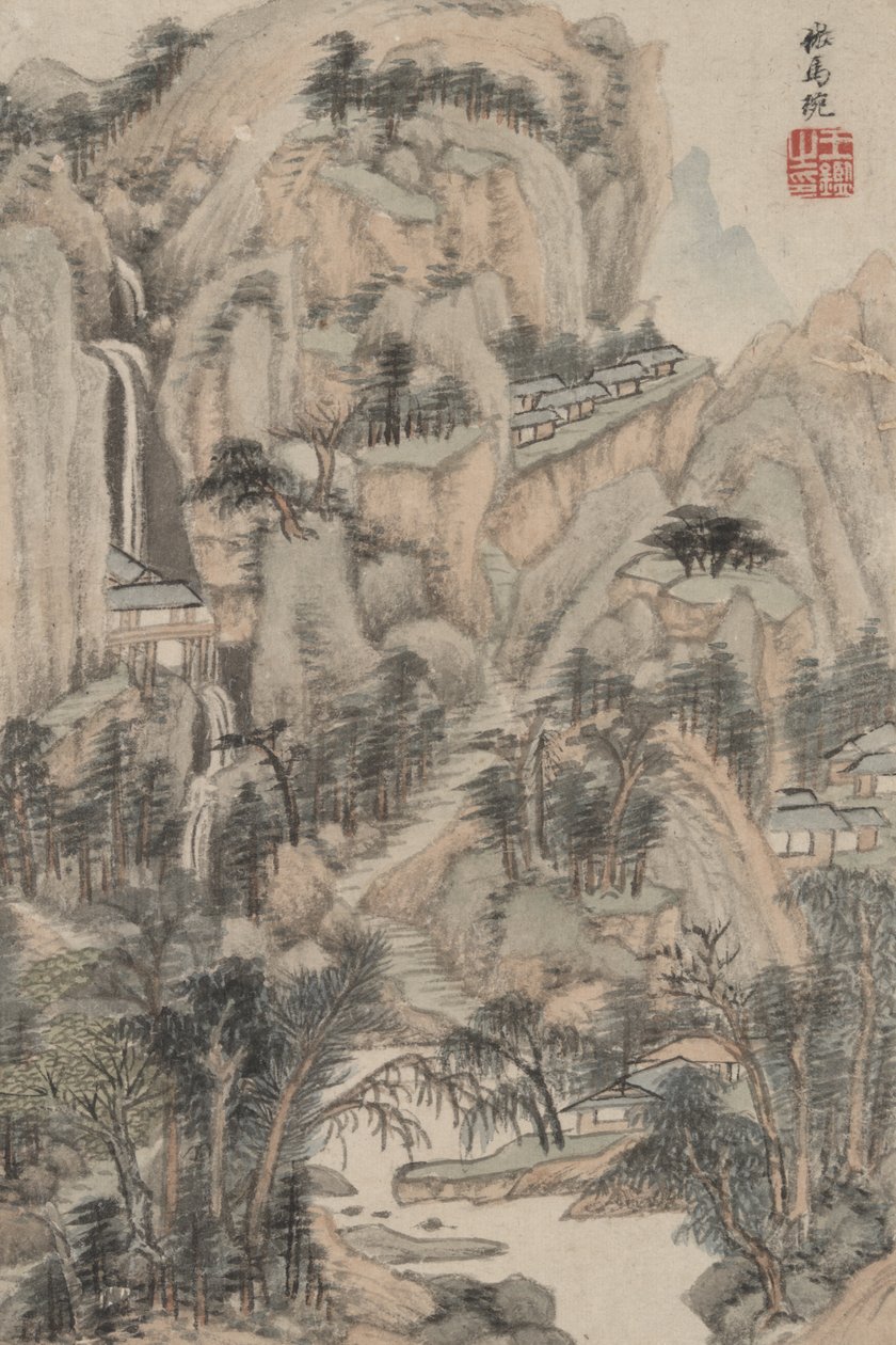 Landskap i stil med forskjellige gamle mestere: I stil med Ma Wan, 1669 (blekk og farge på papir) av Wang Jian