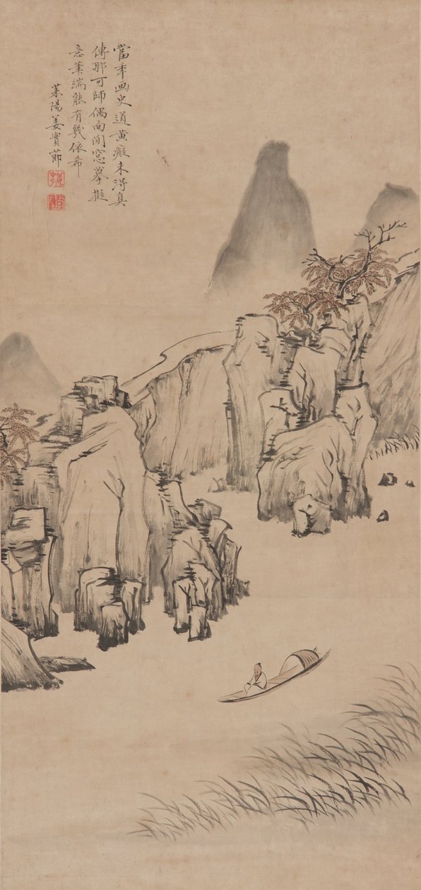 Elvelandskap med mann i en båt, Qing-dynastiet, slutten av 1600- og begynnelsen av 1700-tallet (blekk og farge på papir) av Jiang Shijie