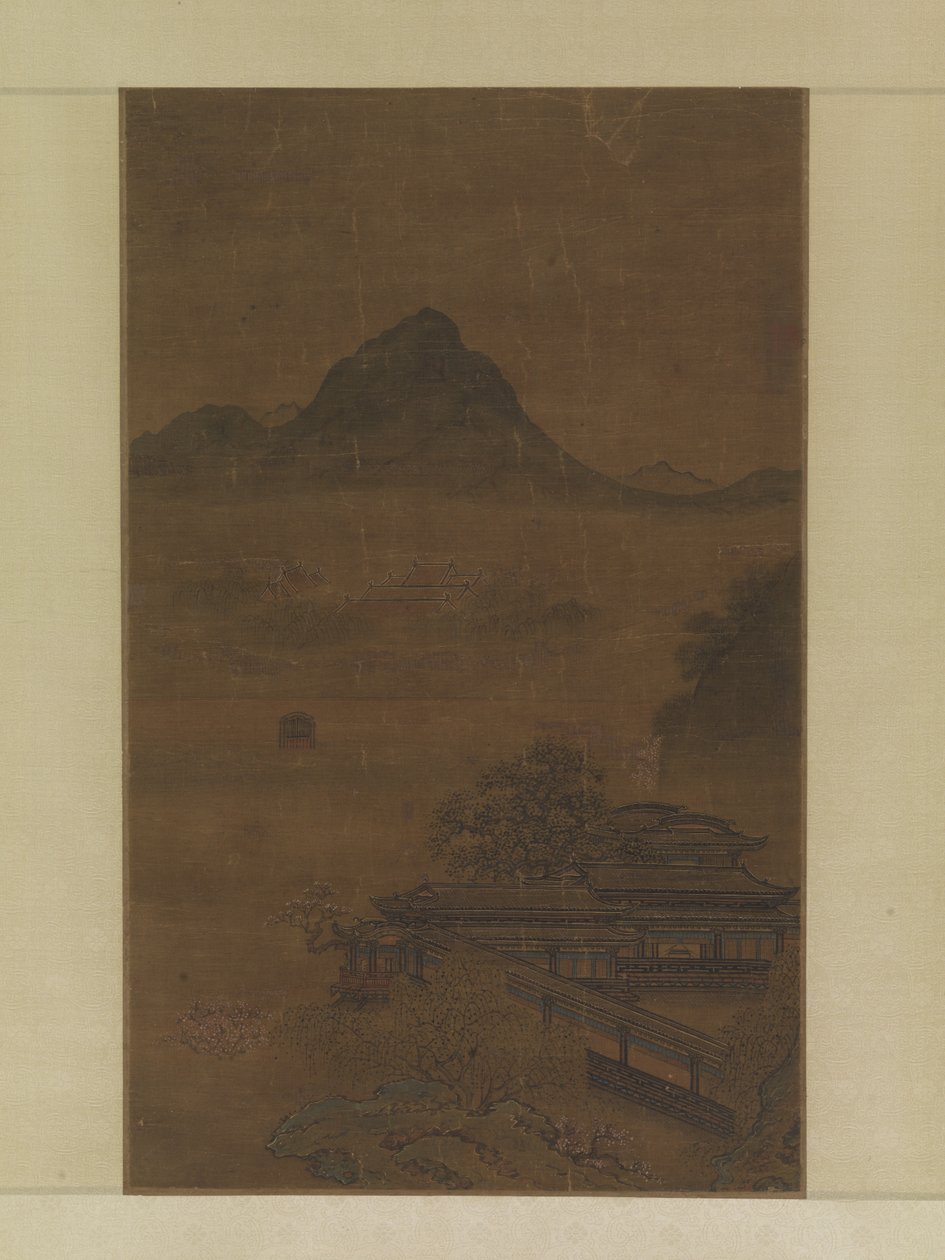 Palatial Pavilions In Spring Mists (blekk, farge og gull på silke) av Jiang Yuan