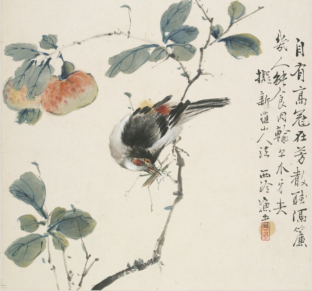 En kinesisk Hwamei som spiser en gresshoppe, 1857 av Jin Yuan