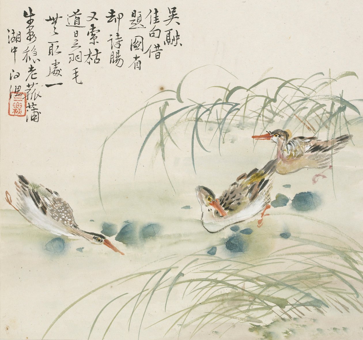 Tre ender svømmer i et basseng, 1857 av Jin Yuan