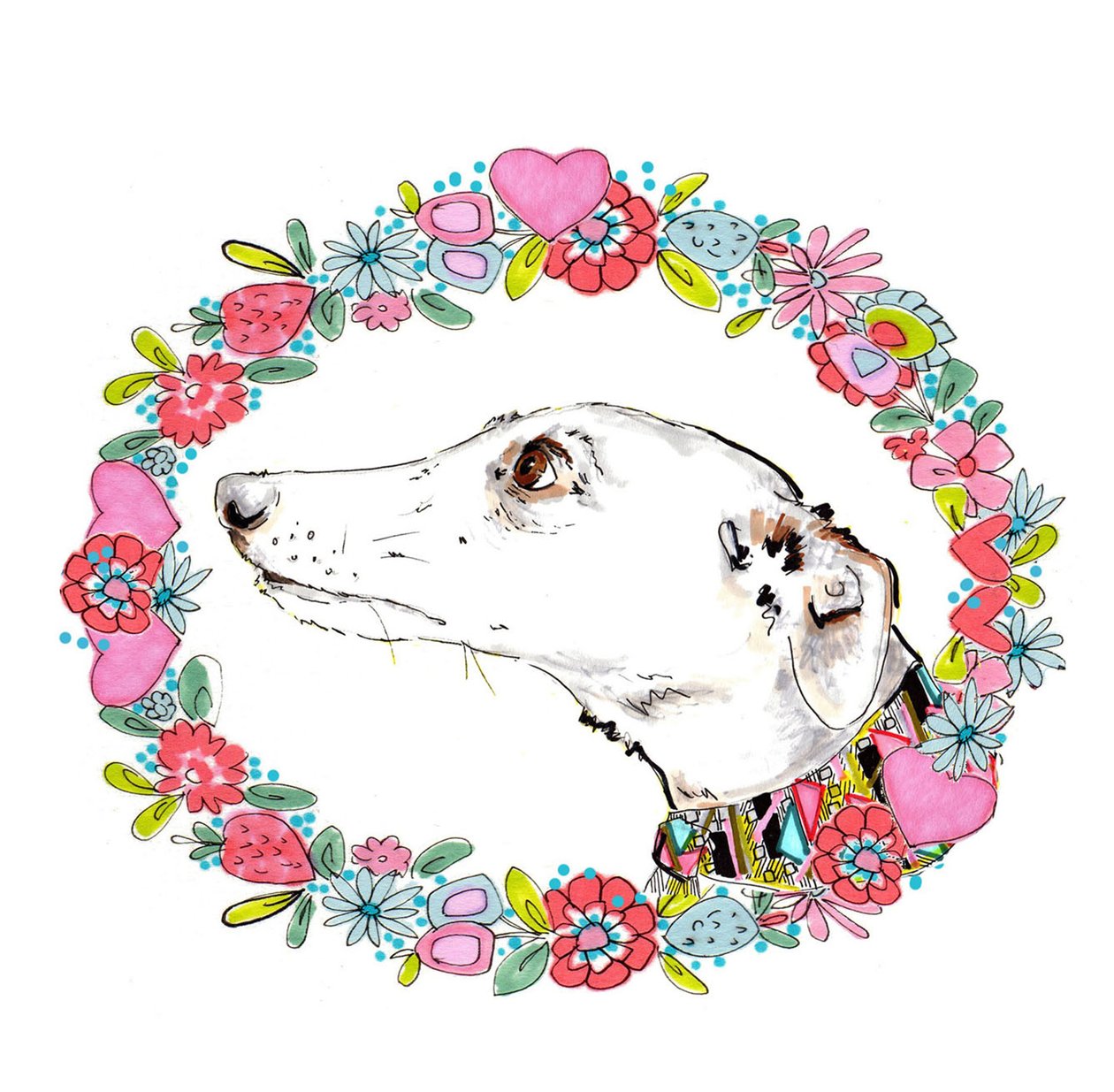 Silvertips Greyhound With Floral Border, 2012 (penn og blekk, digital) av Jo Chambers