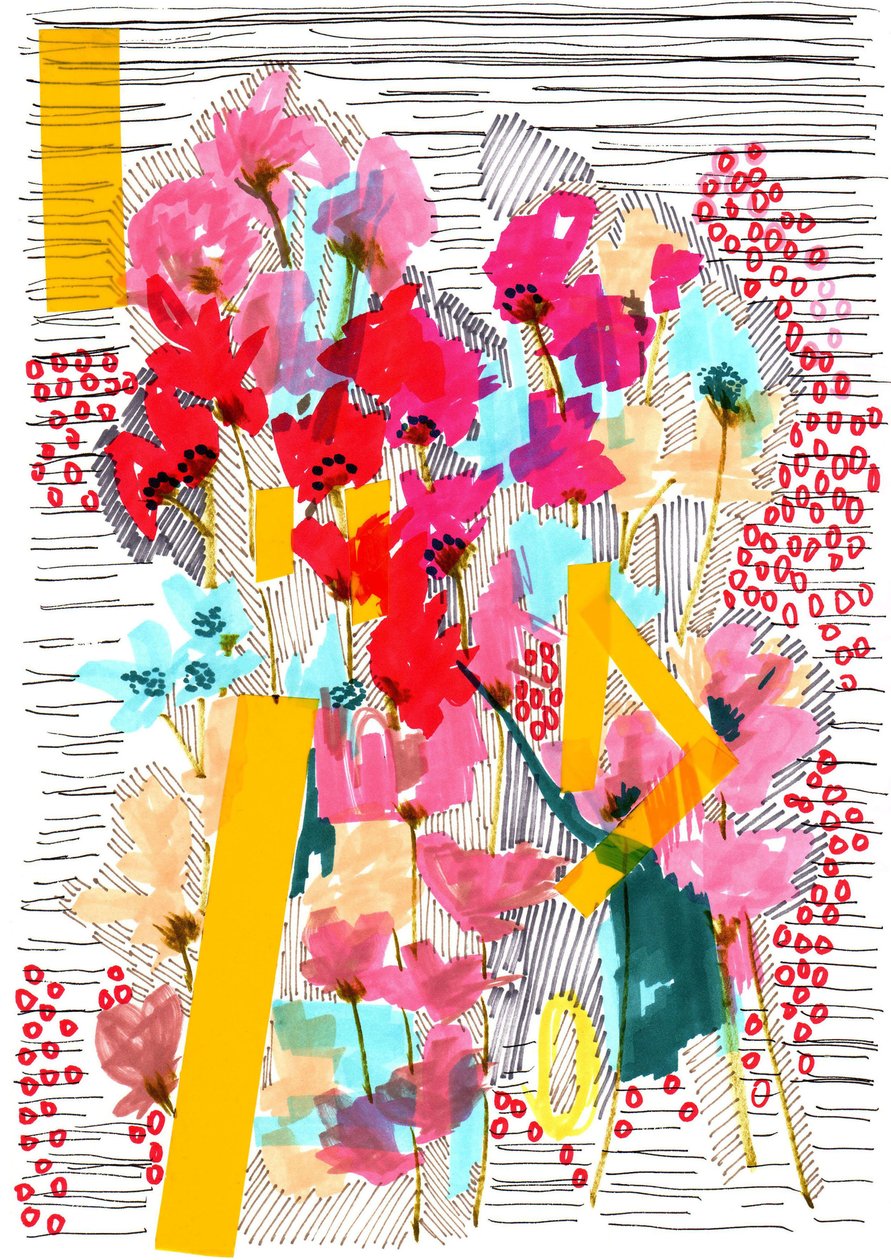 Floral Doodle 3, 2013 (penn, blekk, collage og papir) av Jo Chambers