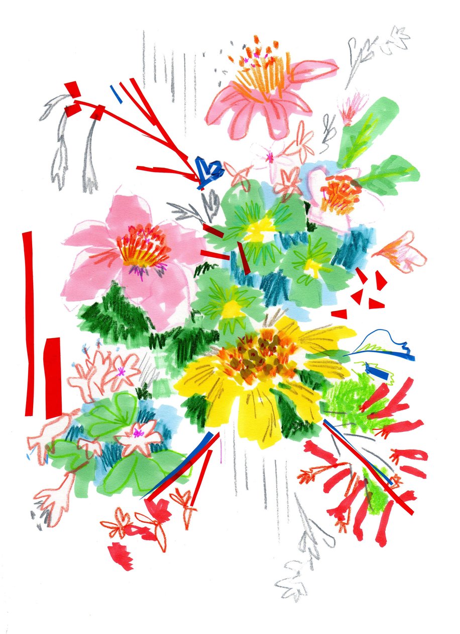 Floral Sketch 2, 2014 (penn og blekk, collage på papir) av Jo Chambers