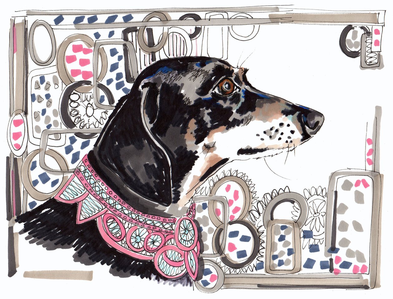 Lacey The Dachshund, 2013, (penn, blekk på papir) av Jo Chambers