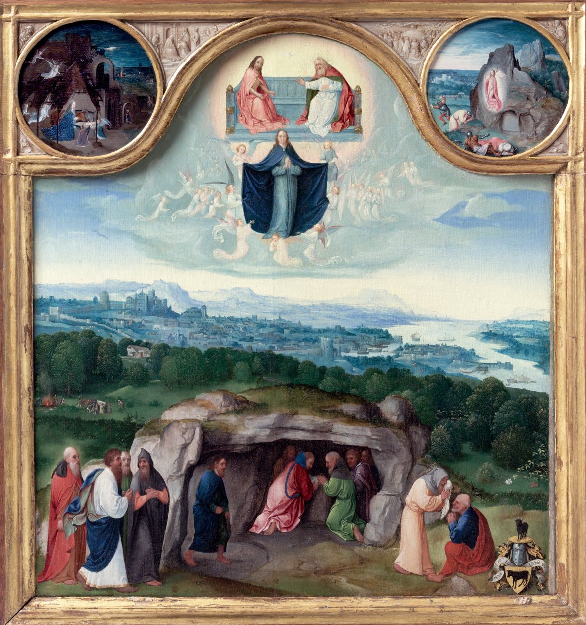 Jomfruens antagelse, med fødsel, oppstandelse, tilbedelse av magi, as ... av Joachim Patinir
